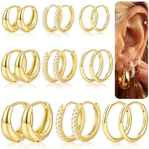 14K Gold Huggie Hoop Earring Set