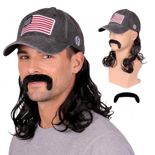 FantaLook Mullet Hat Wig with Mustache