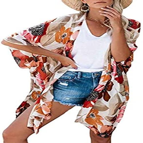 Floral Print Kimono Cardigan for Women (Sandy Apricot, M)