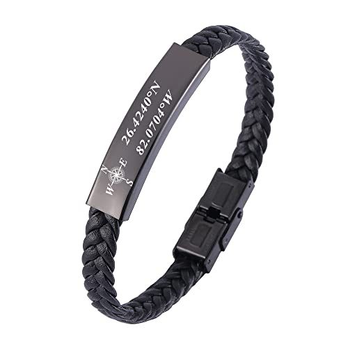 Men's Engraved Coordinate Leather Bracelet