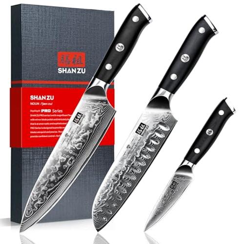SHAN ZU 3-Piece Damascus Knife Set - Ultra-Sharp Japanese Steel Chef Knives