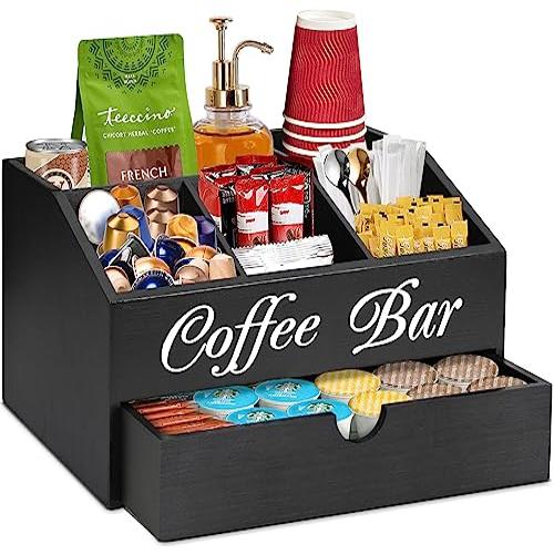 Wooden Coffee Bar Organizer with Drawer - Coffee Pod and Condiment Holder