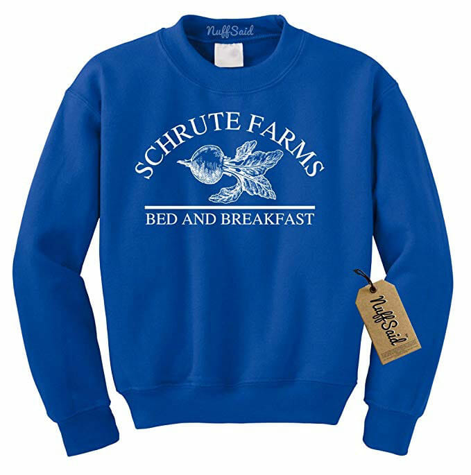 blue sweater with the schrute farms logo on it