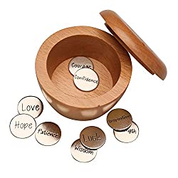 wooden box  with inscribed coins